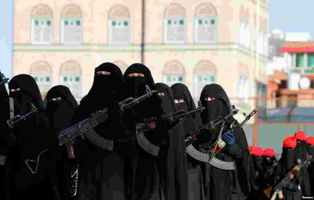 Women loyal to the Houthi movement parade to show their support in Sana'a, Yemen Jan. 17, 2017.