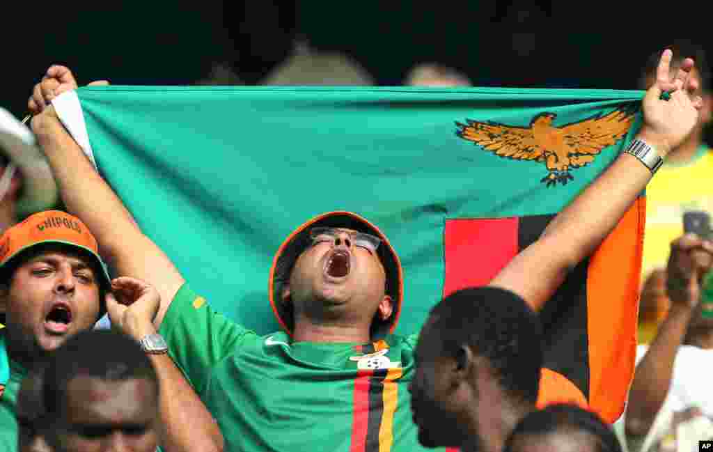 A Zambian soccer fan reacts, during the African Cup of Nations Group C match against Nigeria at Mbombela Stadium, in Nelspruit, South Africa.