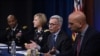 From left, Brigadier General Michael J. Talley, Colonel Wendy Sammons-Jackson, Dr. Nelson Michael and Dr. Kayvon Modjarrad hold a press conference on the coronavirus pandemic at the Pentagon on March 5, 2020. 