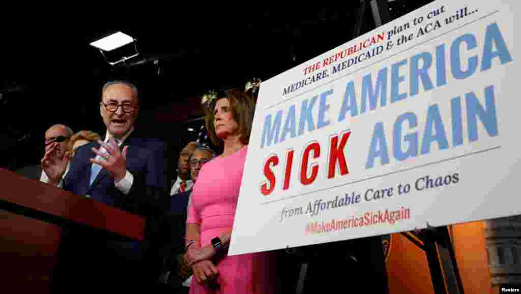 Senate Democratic Leader Chuck Schumer and House Democratic Leader Nancy Pelosi speak following a meeting with President Barack Obama about congressional Republicans' effort to repeal the Affordable Care Act, on Capitol Hill in Washington, D.C.