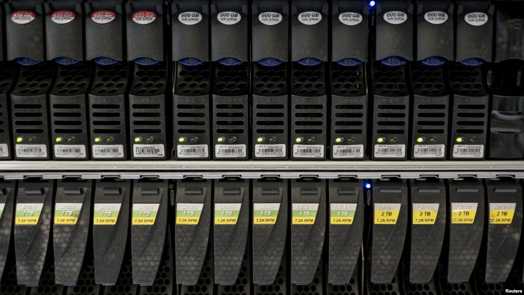 FILE - Hard disks are pictured inside a server room at a company in Bangkok, Thailand, April 5, 2016.