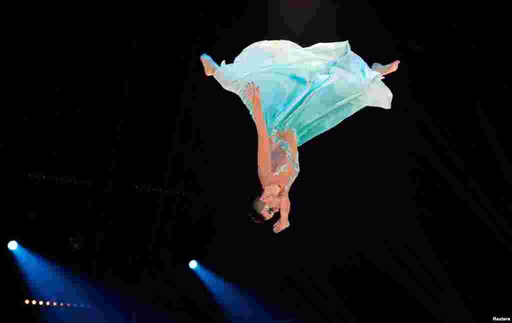 Artist of the "Skokov troop" performs during the gala of the 41st Monte-Carlo International Circus Festival in Monaco, Jan. 24, 2017.