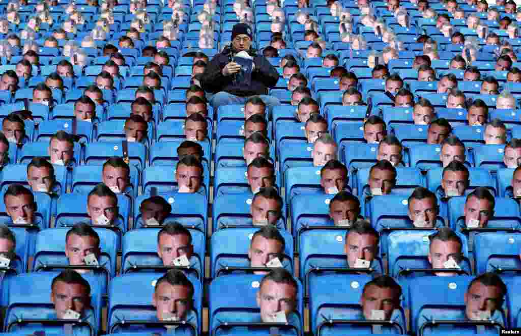 Jamie Vardy masks are seen on the seats before the English Premier League football match between Leicester City and Everson at King Power stadium in Leicester, central England.