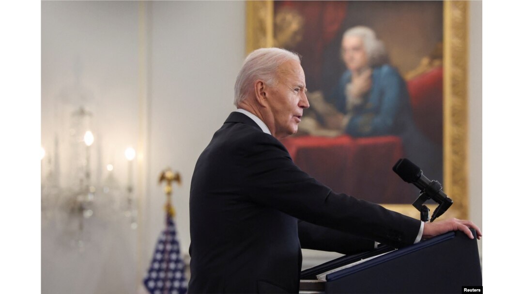 U.S. President Joe Biden delivers a speech at the State Department in Washington