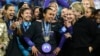 FILE - Orlando Pride forward Marta, center, is interviewed after their NWSL championship win over the Washington Spirit at CPKC Stadium in Kansas City, Missouri, Nov. 23, 2024.