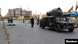 A military vehicle of Iraqi security forces is seen at the site of a suicide bomb attack in Kirkuk, Nov. 5, 2017. 