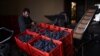 FILE - A worker unpacks boxes of Nebbiolo grapes, used to make Barolo wine, for processing at the Andrea Oberto vineyard in the Langhe countryside, in La Morra, northwestern Italy, on October 9, 2024.